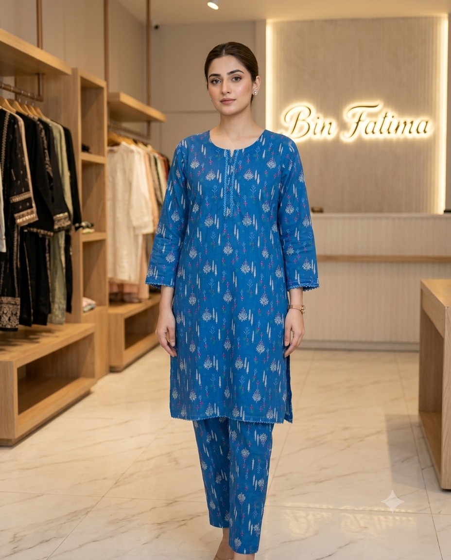 Blue Blossom Printed 2-Piece Kurta & Trouser Set