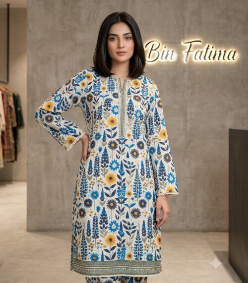 Floral Printed 2-Piece Lawn Suit Ivory White, Blue & Mustard