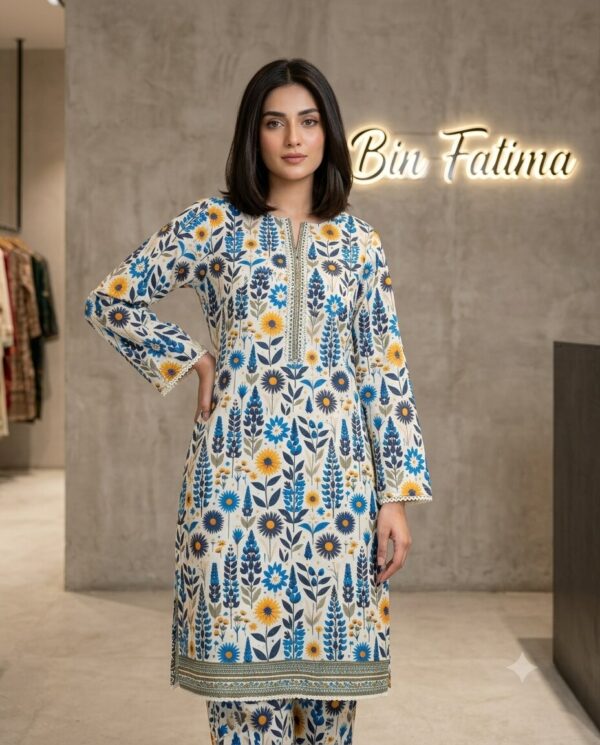 Floral Printed 2-Piece Lawn Suit Ivory White, Blue & Mustard