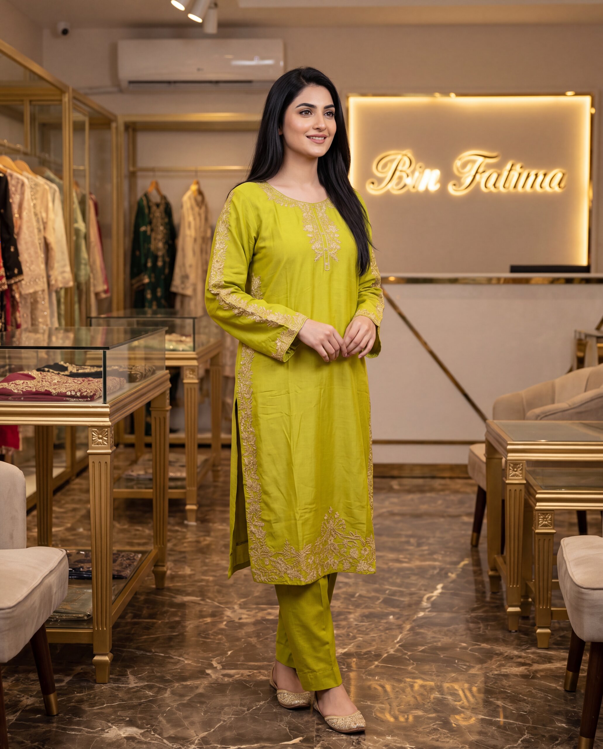 Lime Green Embroidery – Three Piece