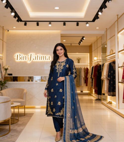 Navy Blue Embroidery Three Piece