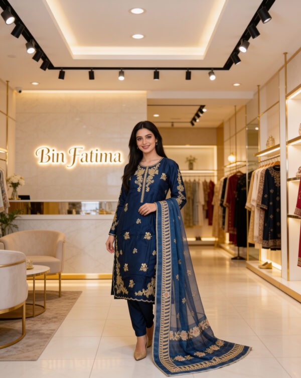 Navy Blue Embroidery Three Piece