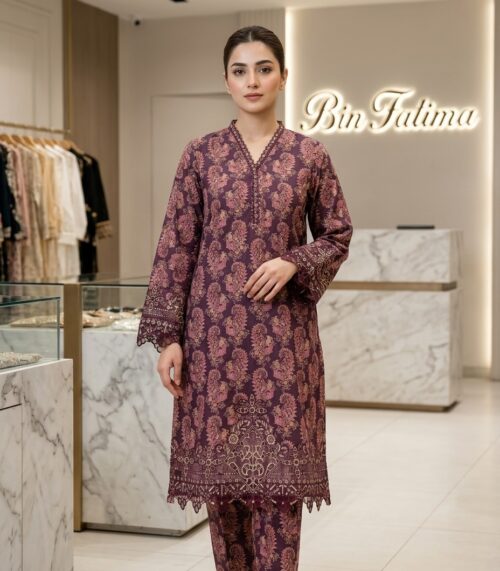 Plum Floral Printed Kurta Trouser