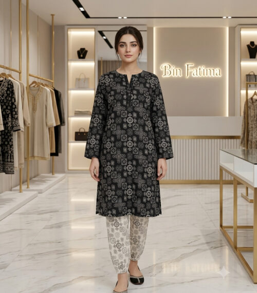 Printed 2-Piece Lawn Suit (Black & White)