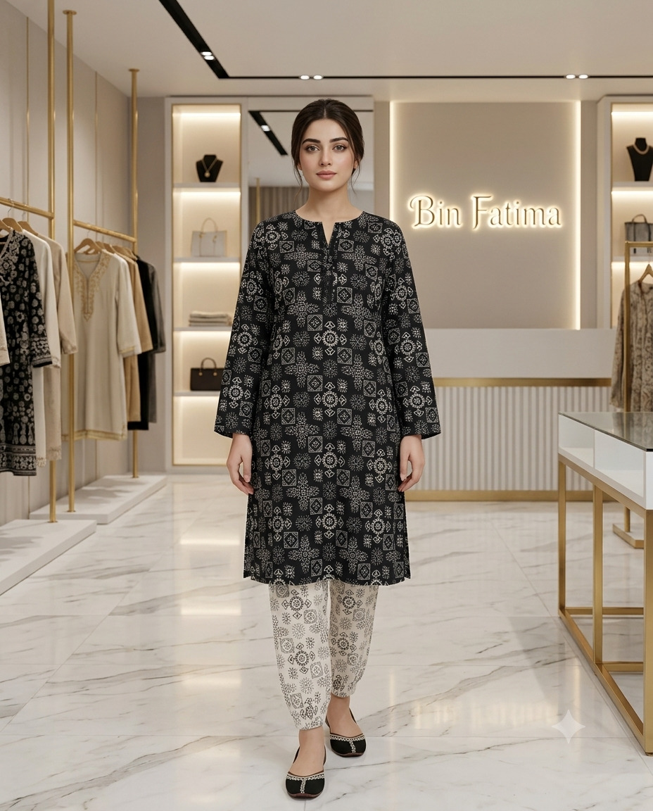 Printed 2-Piece Lawn Suit (Black & White)