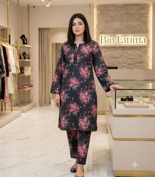 Printed 2-Piece Lawn Suit Charcoal Black & Pink