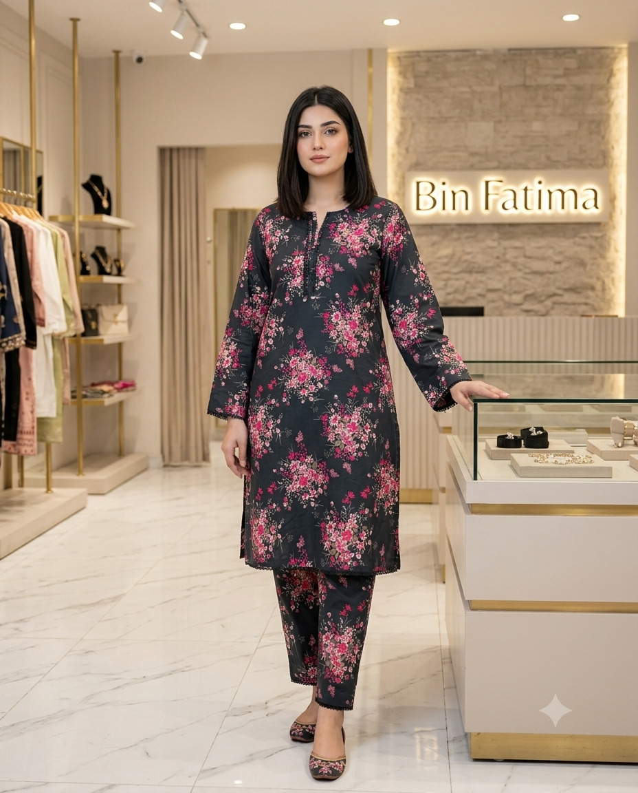 Printed 2-Piece Lawn Suit Charcoal Black & Pink