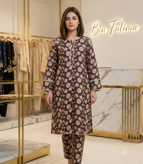 Printed 2-Piece Lawn Suit Chocolate Brown & Beige