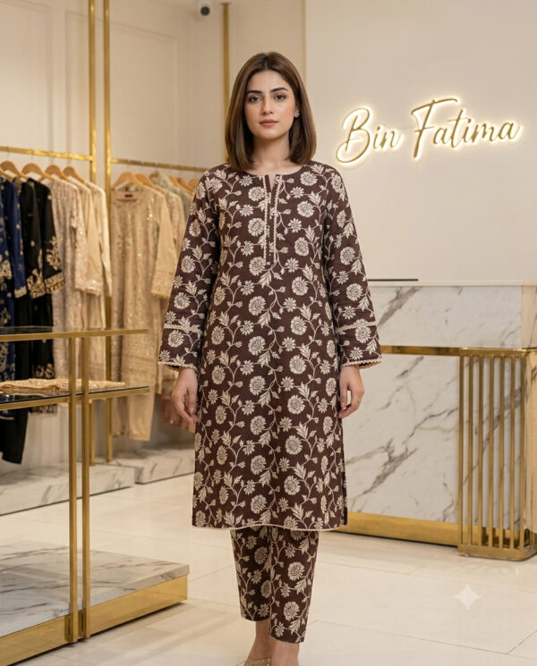 Printed 2-Piece Lawn Suit Chocolate Brown & Beige