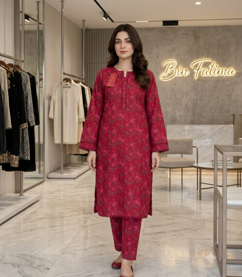 Printed 2-Piece Lawn Suit Deep Magenta Maroon