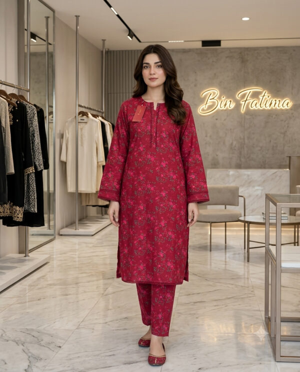 Printed 2-Piece Lawn Suit Deep Magenta Maroon