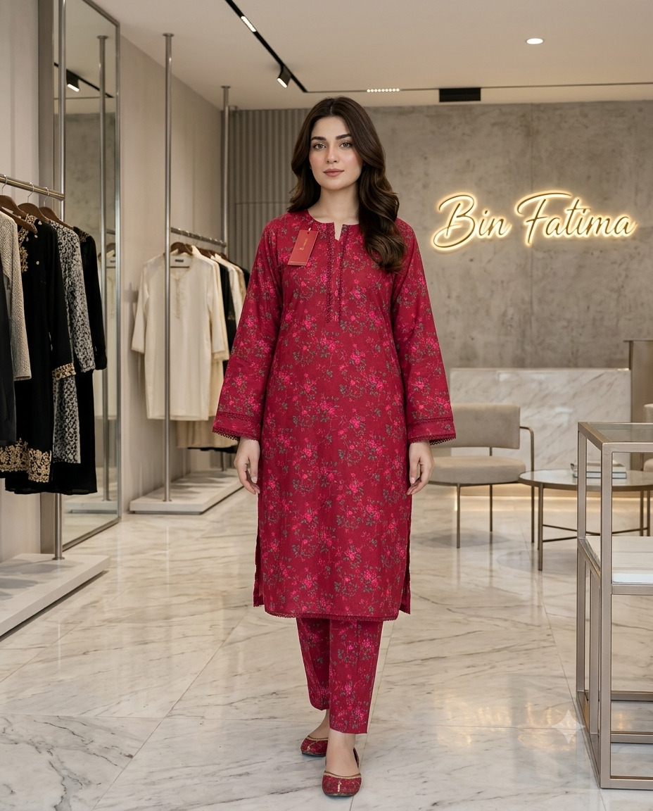 Printed 2-Piece Lawn Suit Deep Magenta Maroon