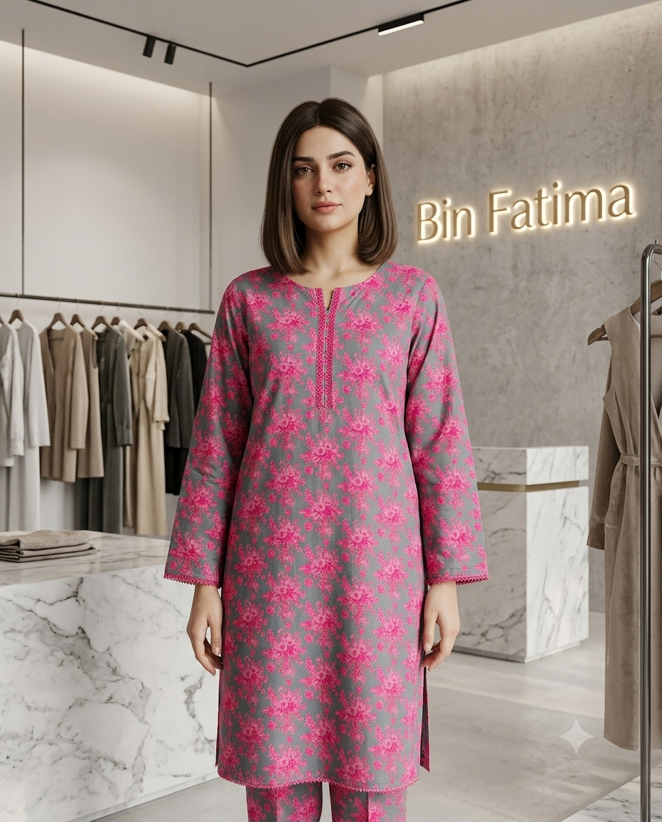 Printed 2-Piece Lawn Suit Grey & Pink