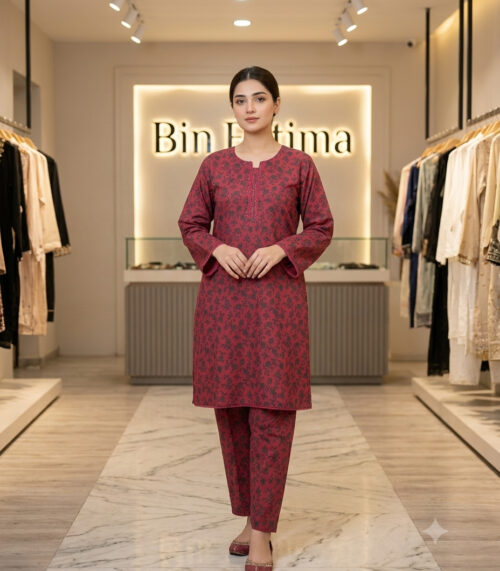 Printed 2-Piece Lawn Suit Maroon & Charcoal Grey