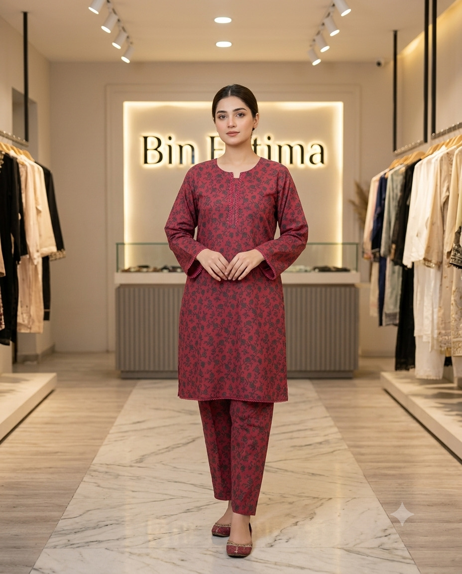 Printed 2-Piece Lawn Suit Maroon & Charcoal Grey