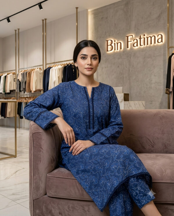 Printed 2-Piece Lawn Suit Navy Blue