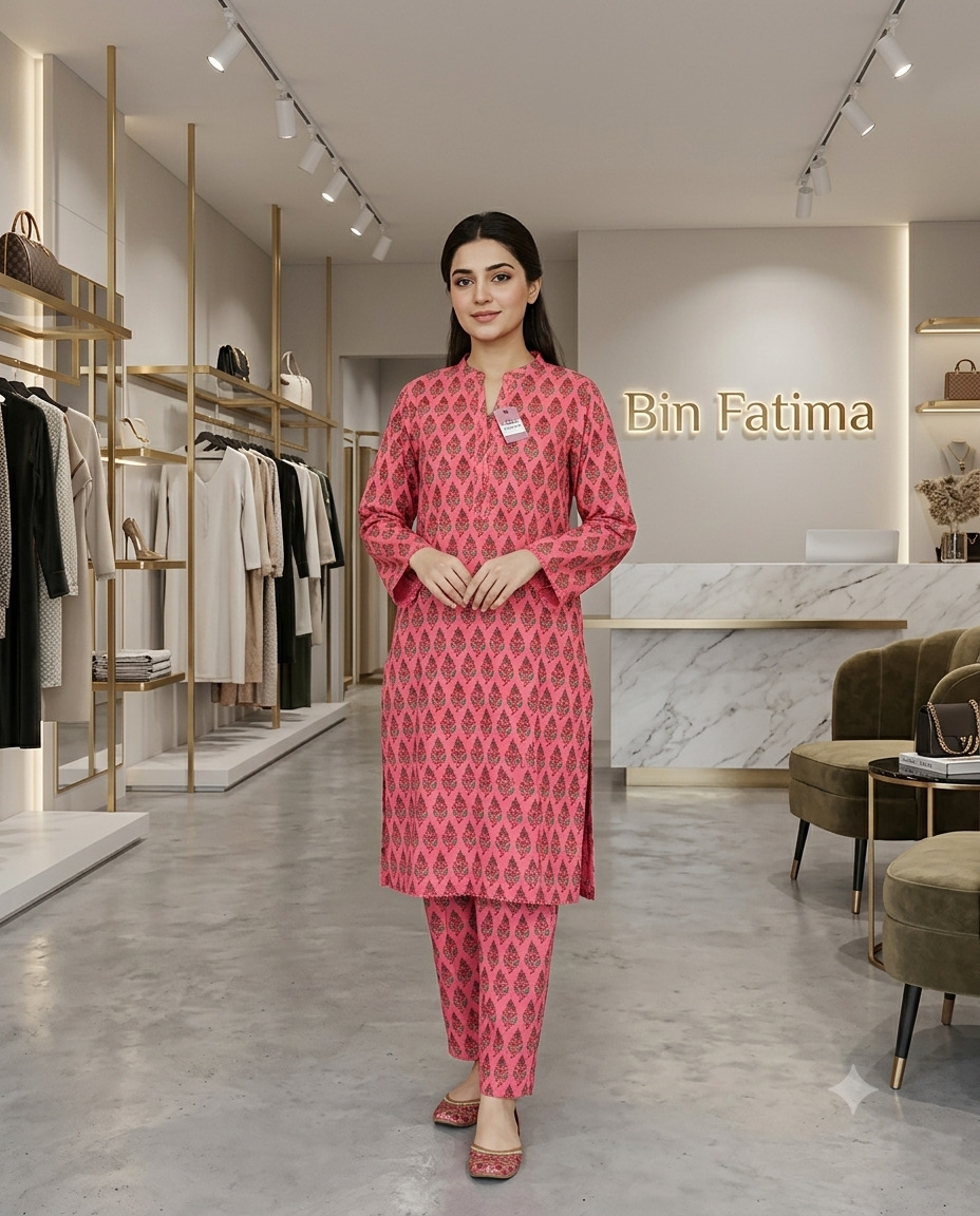 Printed 2-Piece Lawn Suit Pink & Brown