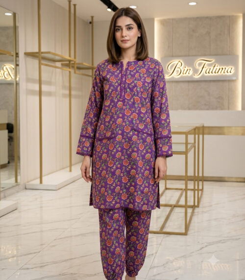 Printed 2-Piece Lawn Suit Purple & Orange