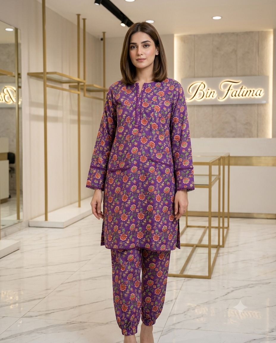Printed 2-Piece Lawn Suit Purple & Orange