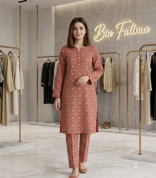 Printed 2-Piece Lawn Suit (Rust Red & Beige)