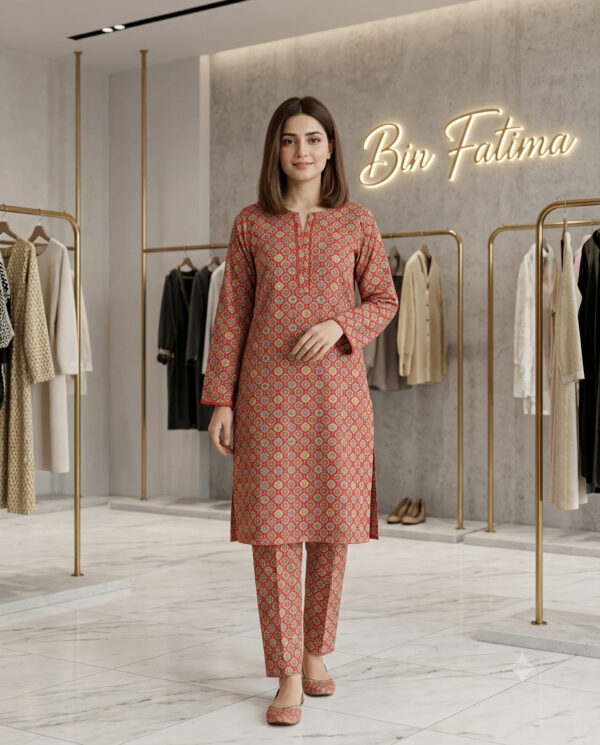 Printed 2-Piece Lawn Suit (Rust Red & Beige)