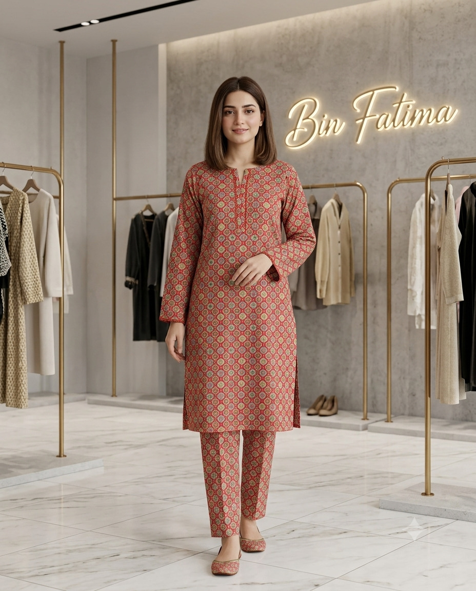 Printed 2-Piece Lawn Suit (Rust Red & Beige)