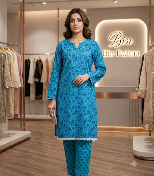 Printed 2-Piece Lawn Suit Turquoise Blue