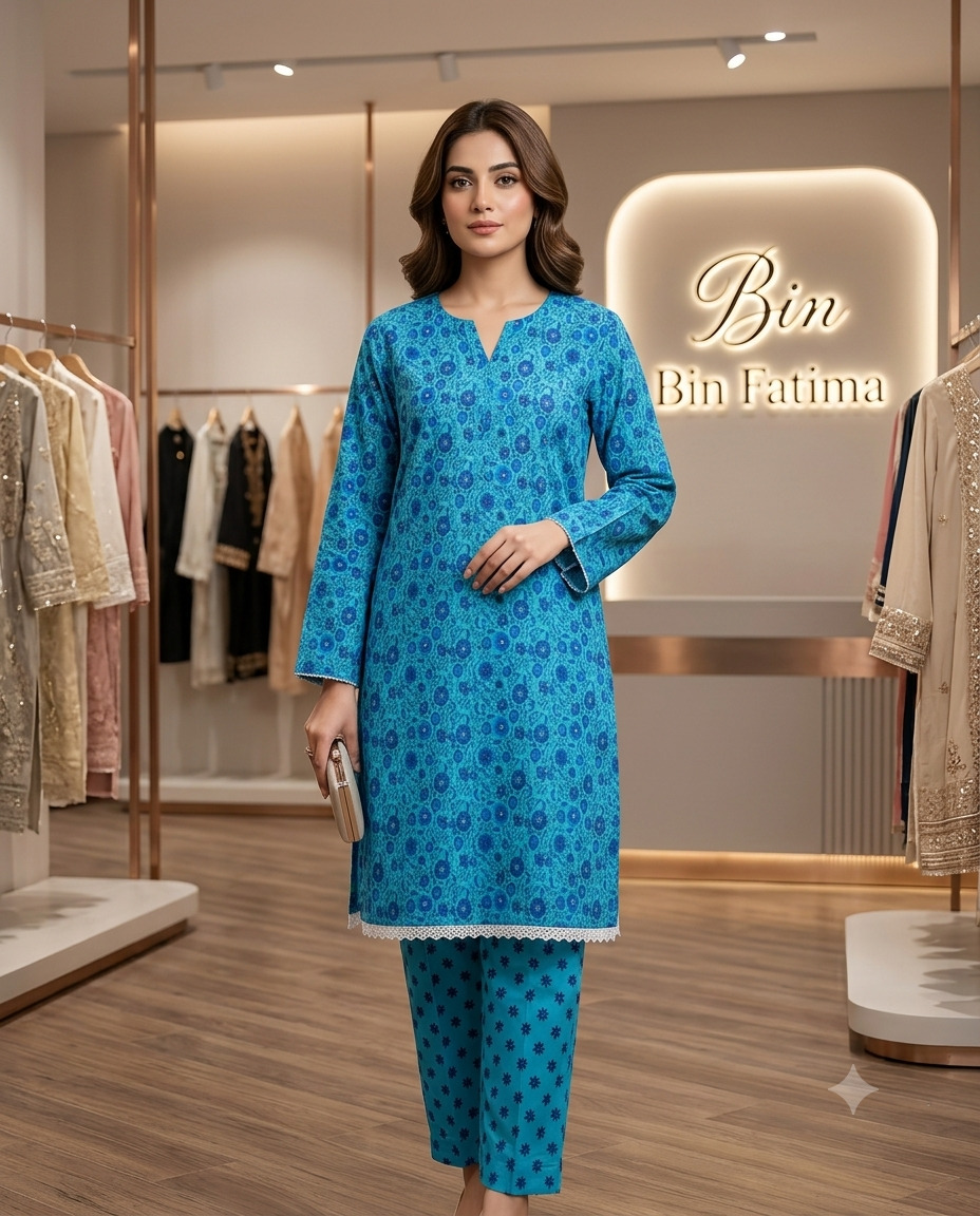 Printed 2-Piece Lawn Suit Turquoise Blue