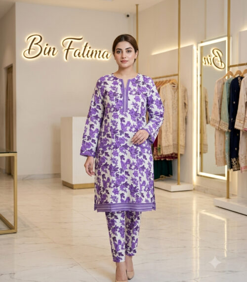 Printed 2-Piece Lawn Suit (White & Purple (Lavender))