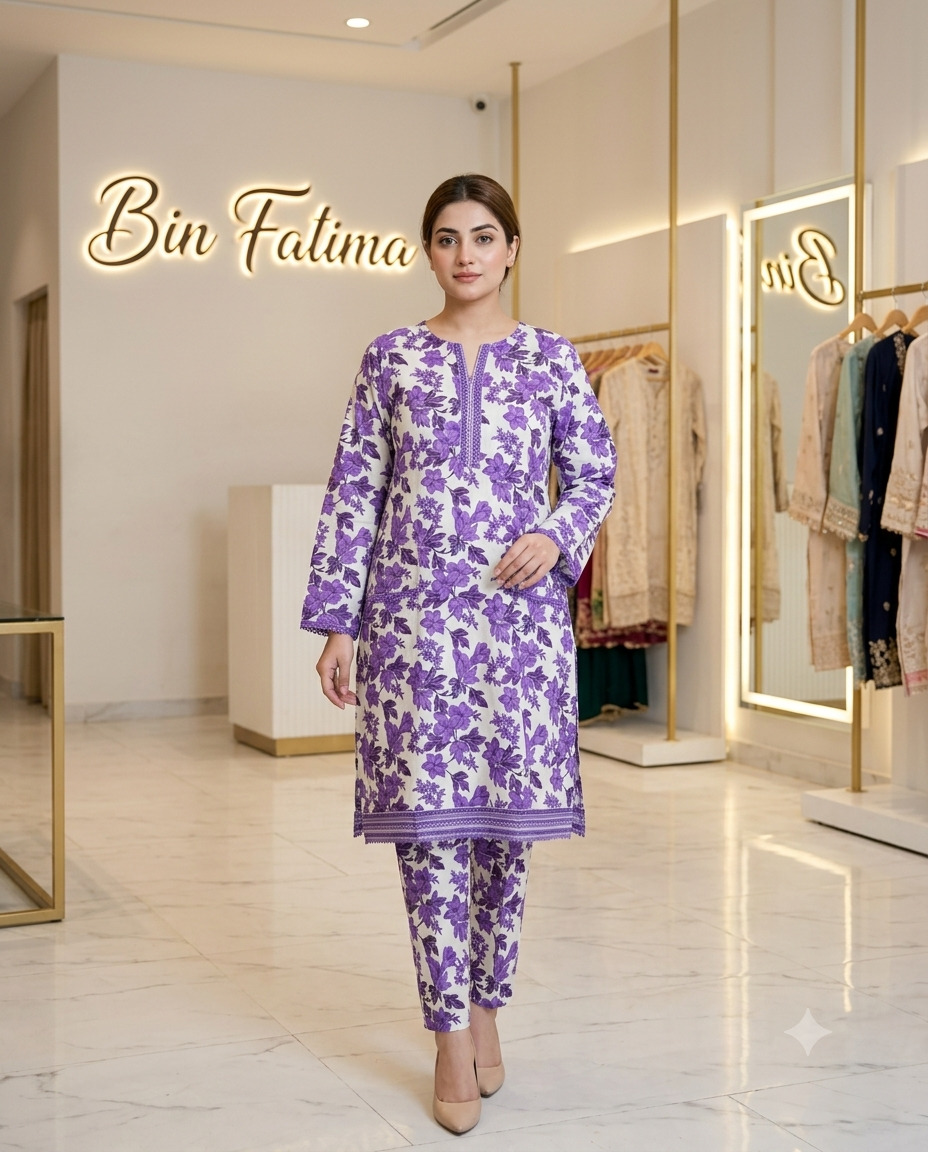 Printed 2-Piece Lawn Suit (White & Purple (Lavender))