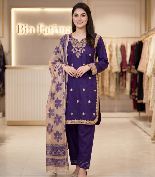 Purple Three Piece suit with Farshi Shalwar
