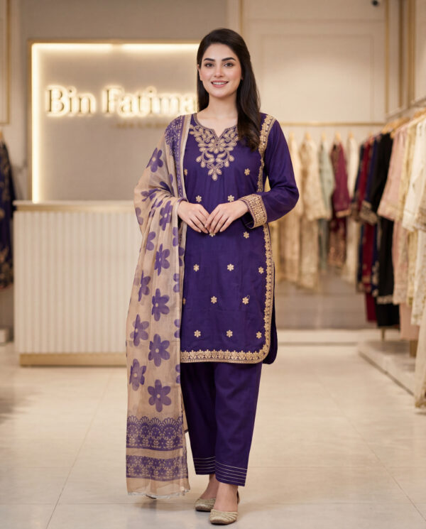 Purple Three Piece suit with Farshi Shalwar