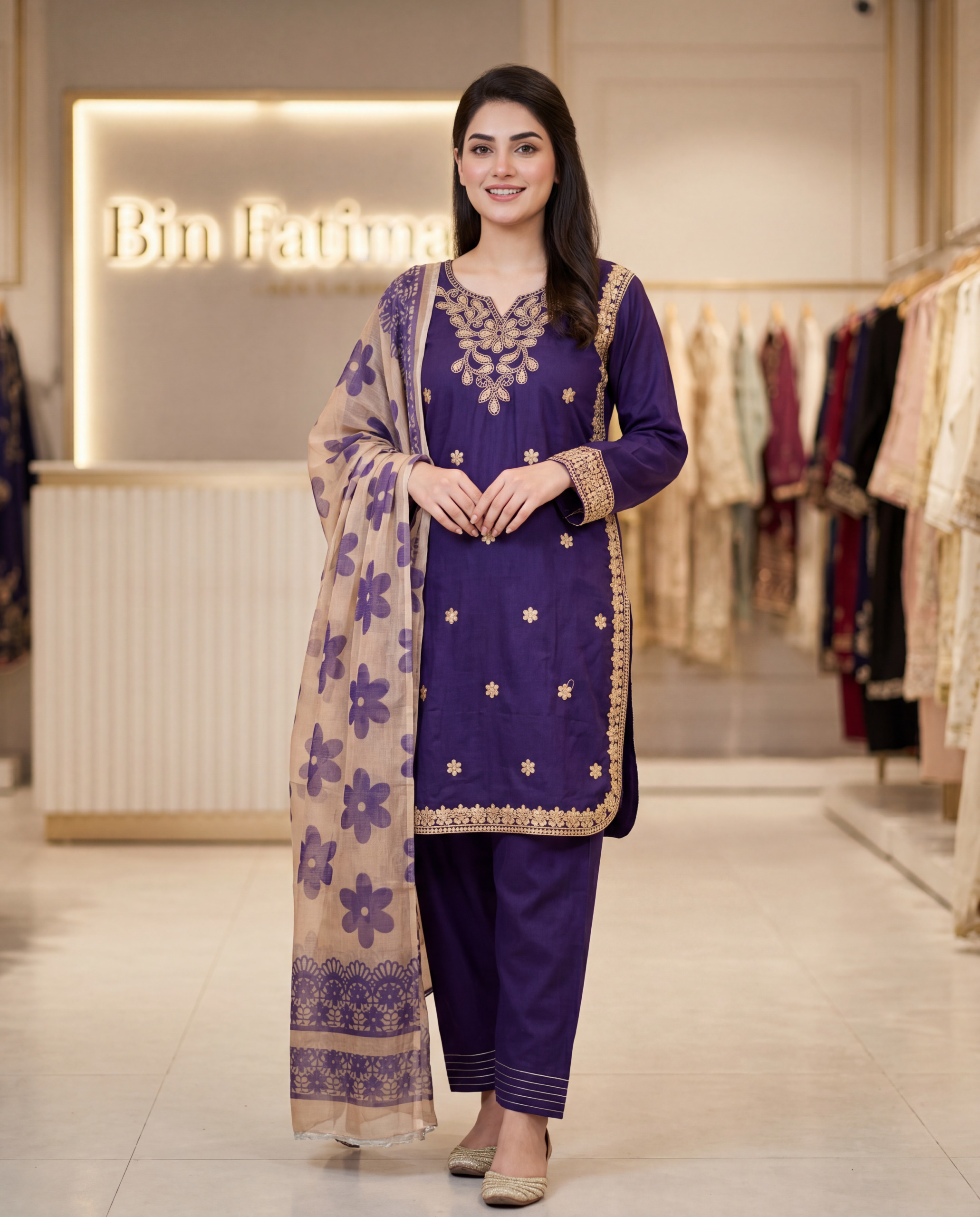 Purple Three Piece suit with Farshi Shalwar