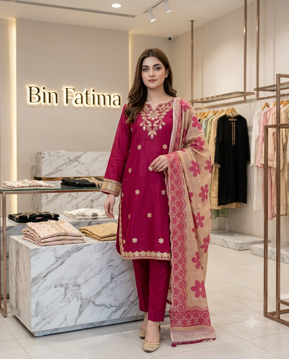 Red Three Piece suit with Farshi Shalwar