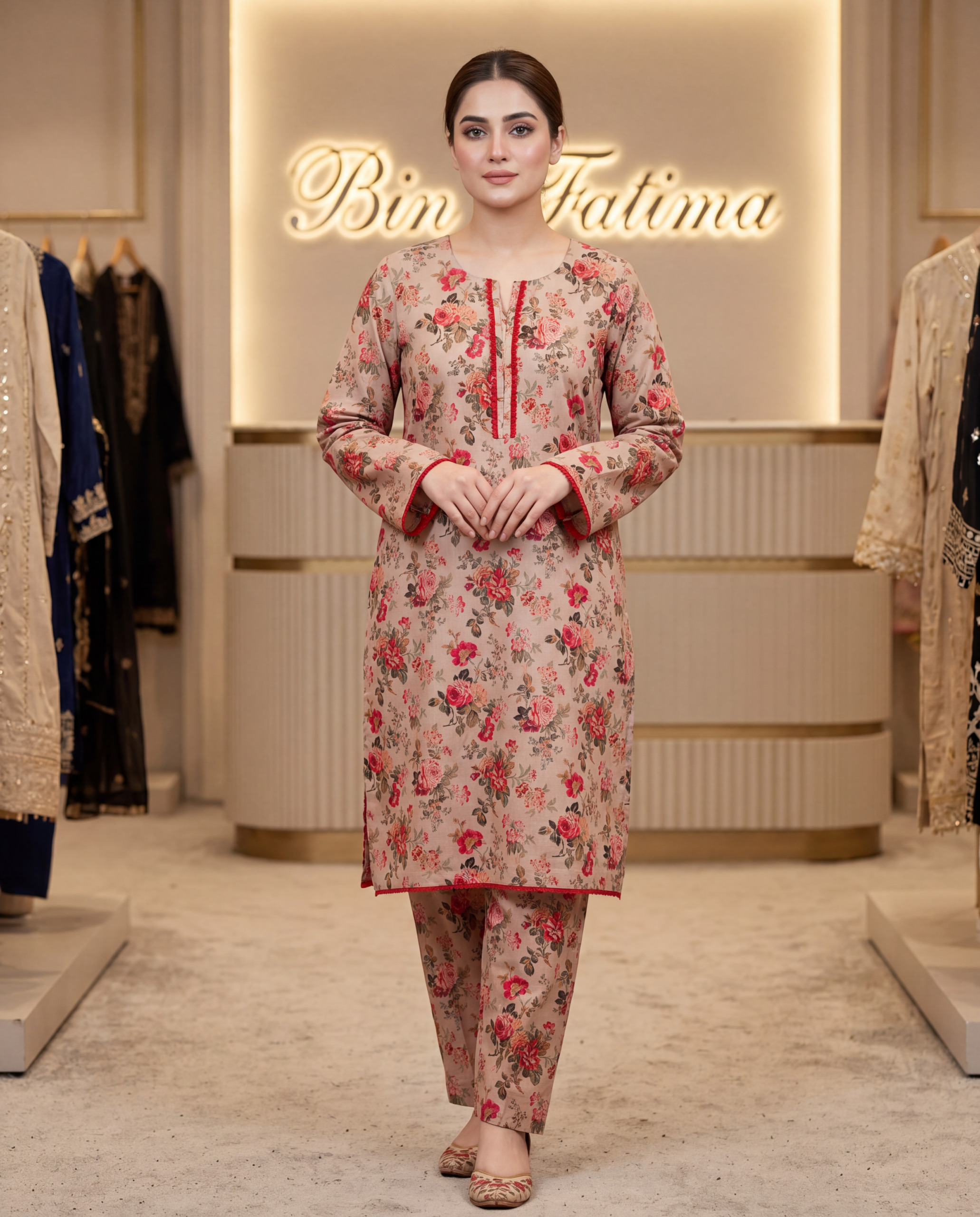 Rose Garden Lawn Suit (Beige with rose print)