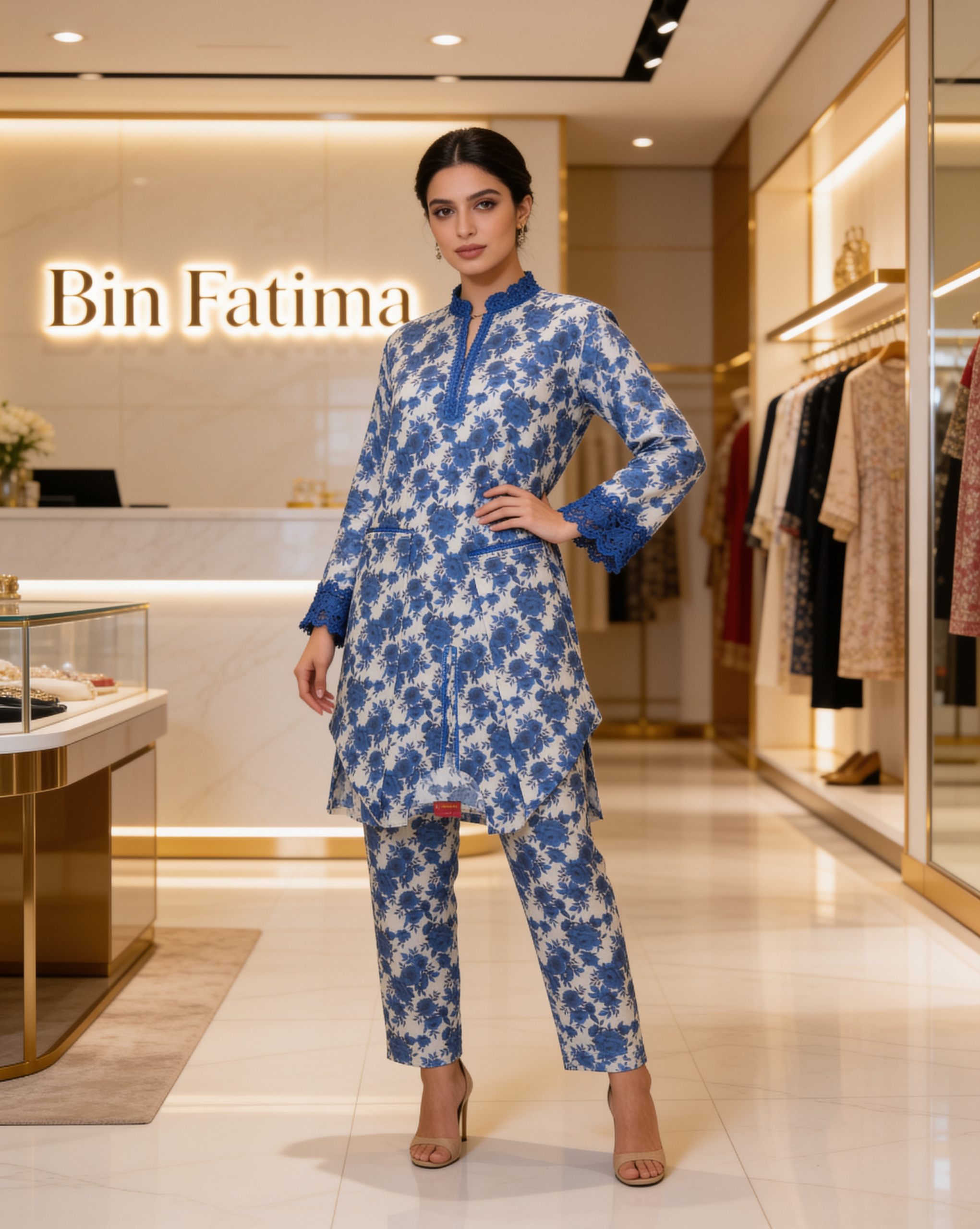 Royal Blue Floral Printed 2-Piece Lawn Suit Blue & White
