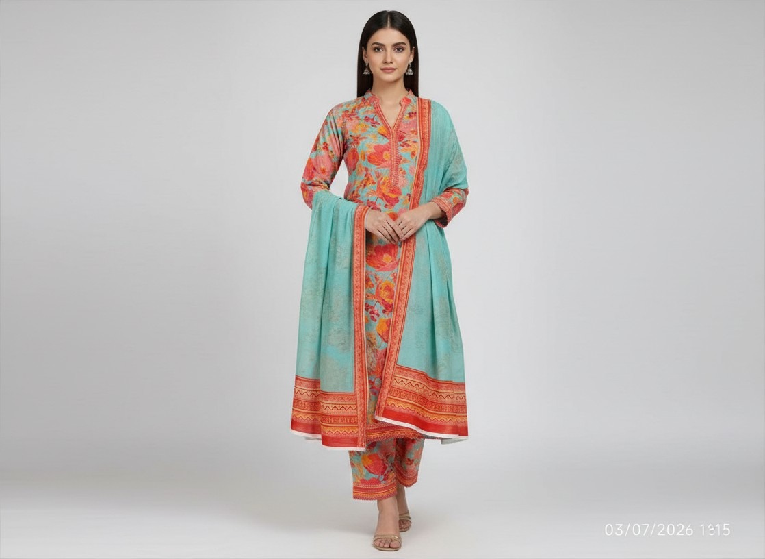 SEA GREEN & CORAL FLORAL PRINT SUIT 2
