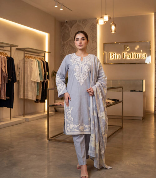 Sky Blue with White Embroidery – Three Piece