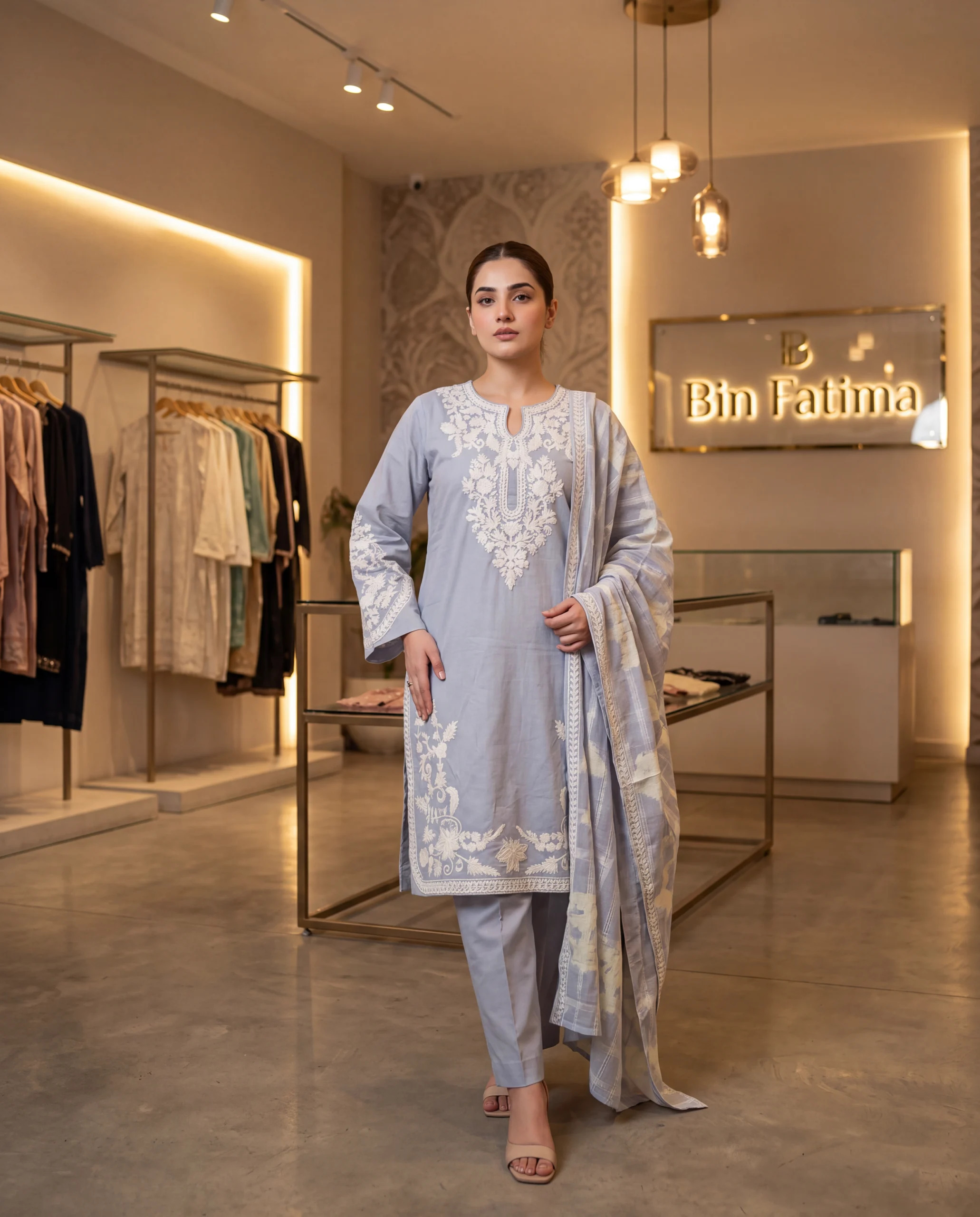 Sky Blue with White Embroidery – Three Piece
