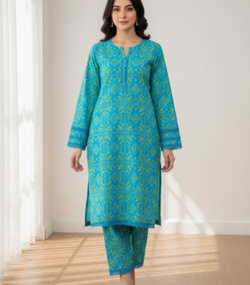 Turquoise Geometric Print Kurta 2