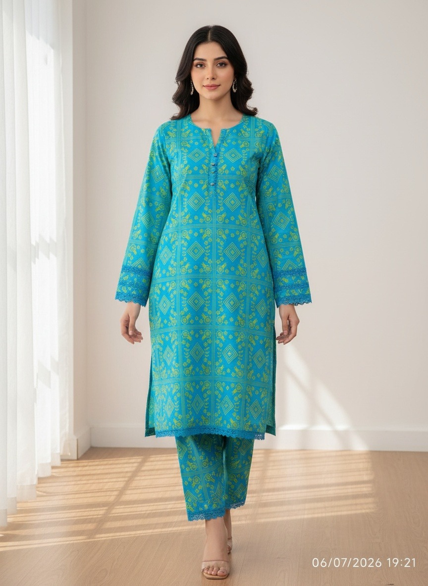Turquoise Geometric Print Kurta 2