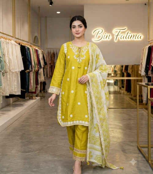 Yellow Three Piece suit with Farshi Shalwar