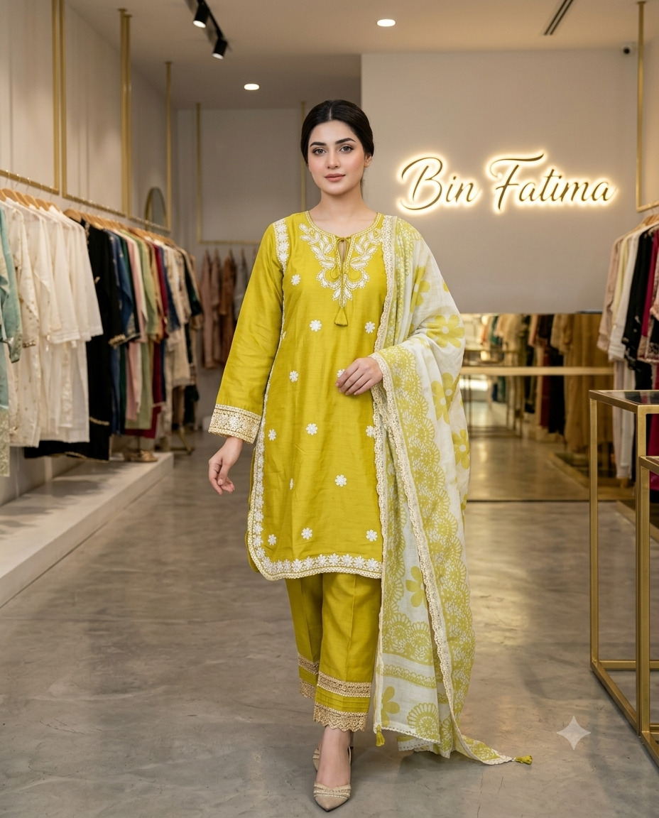 Yellow Three Piece suit with Farshi Shalwar